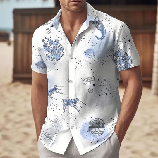 Sketch Star Wars Hawaiian Shirt, Star Wars Movie 2025 Shirt, Light Blue Cosmic Vacation Outfit for Men, Summer Gift For Him
