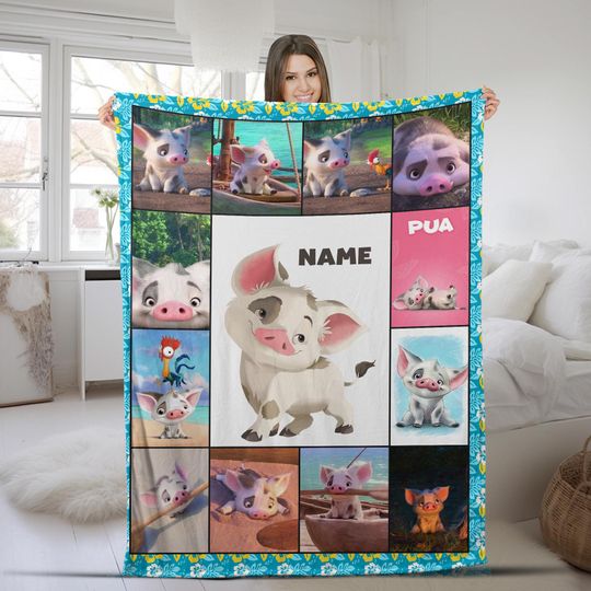 Custom Cute Pua Pig Moana Fleece Blanket, Blanket For Kid Baby Adult, Themed Bedding, Home Decor, Personalized Christmas Gift