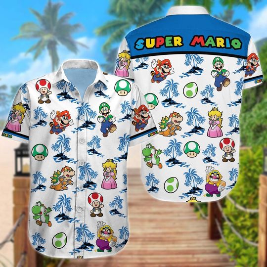 Super Mario Button Shirt, Mario & Friend Party Summer Short, Mario Character Game Hawaii Shirt, Super Mario Birthday Gift For Kids