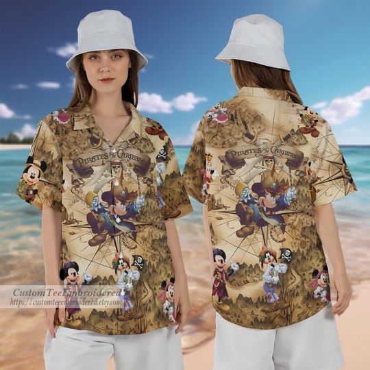 Mouse Disney Mickey Pirates of the Caribbean Hawaiian Shirt Shorts ,Pirate Treasure Minnie Pluto Goofy Family Matching Shirts