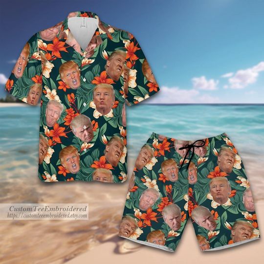 Trump 2024 MAGA Hibiscus Flowers Hawaiian Shirt, Donald Trump Summer Button Up Shirt Hawaiian Shirt For Men, Vacation Shirt