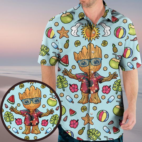 Summer Galaxy Groot Hawaiian Shirt, Marvel Groot Vacation Shirt, Groot Gifts for Fans, Beach Shirt for Marvel Lovers, Cute Groot Merch