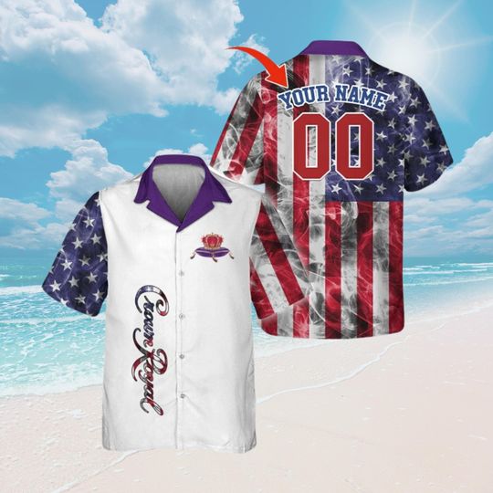 Personalized Crown Royal USA Flag Hawaiian Shirt, Tropical Whiskey Button Shirt, Gifts for Crown Royal Lovers, Aloha Drinking Outfit