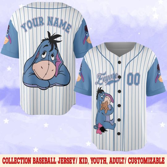 Custom Winnie the Pooh Eeyore Baseball Jersey, Custom Kid Youth Adult Sport Jersey, Donkey Eeyore Magic Kingdom Gift for Birthday Boy
