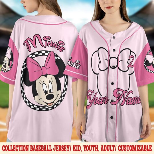 Custom Minnie Checked Baseball Jersey, Mickey and Friends Baseball Shirt, Minnie Mouse Pink Birthday Gift, Family Summer Disney Trips