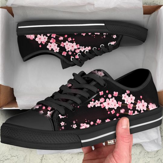 Black Unisex Cherry Blossom Converse style Low tops, Original Sakura shoes for him, Women Low top sneakers, Kawaii shoes, teenage girl gift