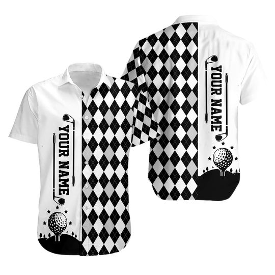 Personalized Name Argyle Pattern Golf Hawaiian Shirt, Custom Golf Tournament Button Up Shirt, Golf Outing Shirt For Golfer, Golf Lover Gift