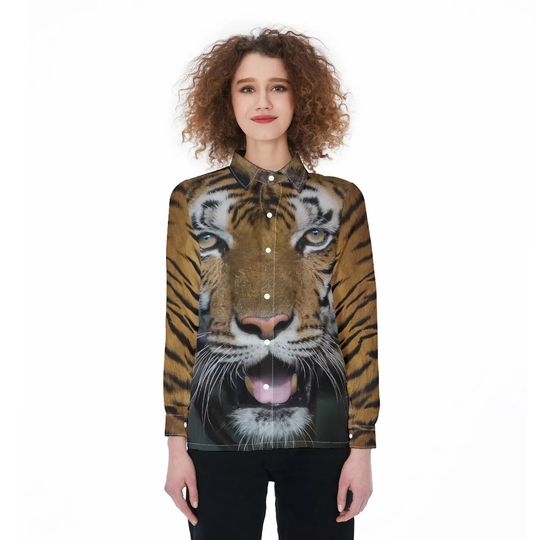 Discover Retro Tiger Blouses Women Shirt, Tiger Button Up Shirt, Tiger Casual Women Shirt, Animal Women Gift, Tiger Shirt For Her