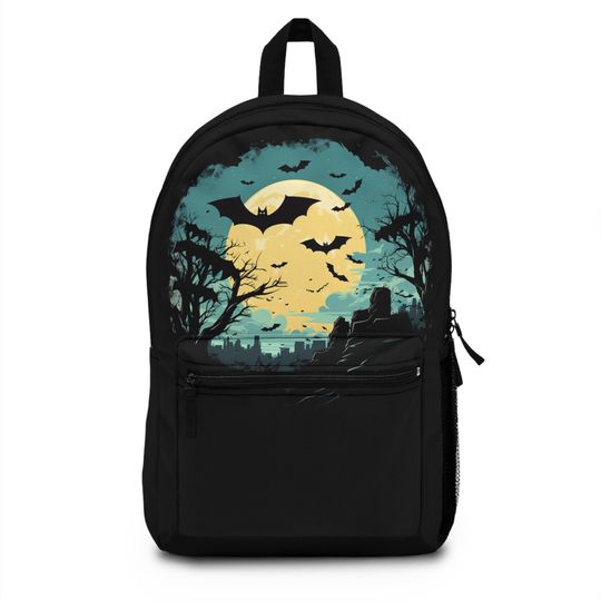 Flying Bats Yellow Moon Art Print Happy Halloween Candy Bag Haunted House Trick Or Treat Decor Gifts Spooky Scary Black Travel Backpack