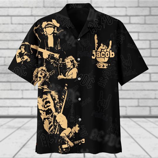 Discover Vintage AC-DC Hawaiian Shirt, Personalized AC-DC Band Rock Button Shirt, Power Up Tour 2025 Short Sleeve Shirt, AC-DC Concert Shirt Men Wo