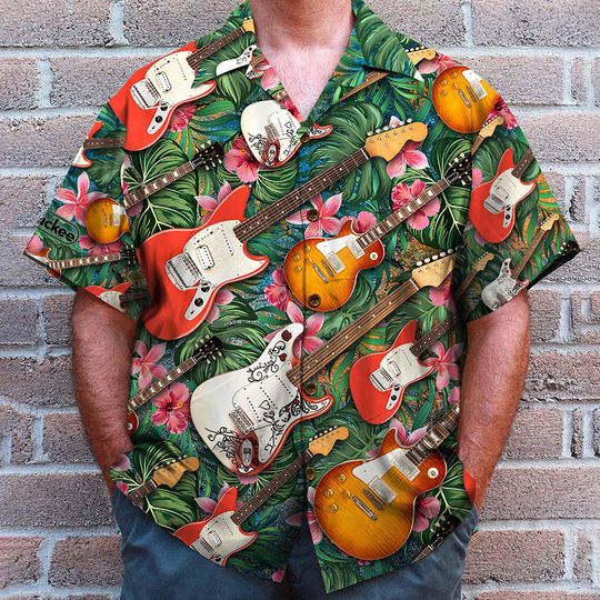 Discover Electric Guitar Hawaiian Shirt, Tropical Pattern, Guitar Player Hawaiian Shirt, Gifts For Bachelor Party, Gift For Guitar
