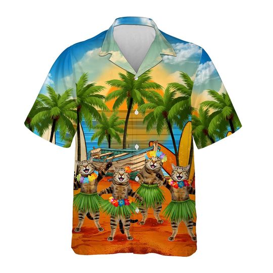 Hula Dancing Cats Hawaiian Shirt For Men Women Youth, Funny Tropical Beach Aloha Shirt, Cat Lovers Gift, Luau Party Outfit