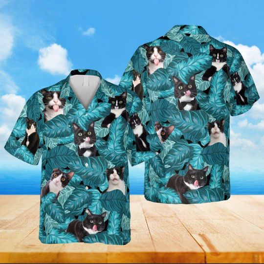 Tuxedo Cats Tropical Hawaii T-shirt, Gift For Cat Lovers, Black Cat Hawaiian Shirt Men, Tropical Cat Hawaiian Shirt Summer Beach Aloha