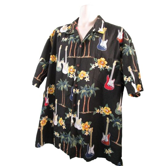 Pacific Legend Hawaiian Shirt XL Black Electric Guitars Palm Trees Faded Spots
