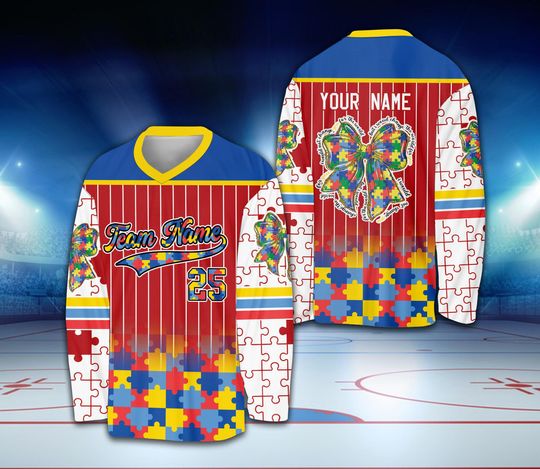 Discover Personalized Name Puzzle Coquette Bow Autism Awareness Hockey Jersey, Custom Autism Puzzle Hockey Shirt, Autism Support Gift For Hockey Fan
