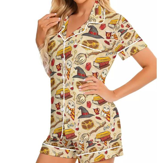 Vintage HP Wizard Short Sleeve Satin Pajamas Set For Women, Wizard Lover Gift, HP Fan Gift, Book Lover Gift, Universal Magical Shirt