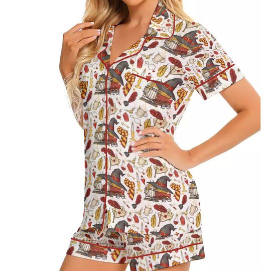 HP Gryffindor Wizard Short Sleeve Satin Pajamas Set For Women, Wizard Lover Gift, HP Fan Gift, Book Lover Gift, Universal Magical Shirt