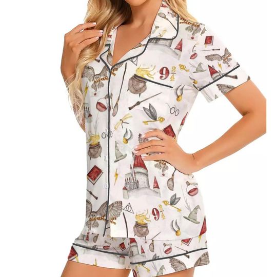 HP Wizard Short Sleeve Satin Pajamas Set For Women, Wizard Lover Gift, HP Fan Gift, Book Lover Gift, Universal Magical Shirt,Gift for Reader
