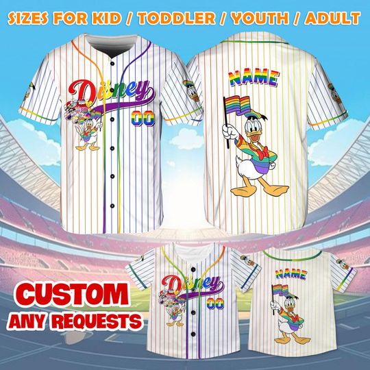Donald Rainbow Jersey Shirt, Mickey and Friends Pride Baseball Jersey, Donald Duck Cosplay, Magic Kingdom Shirt, Disney Pride Shirt
