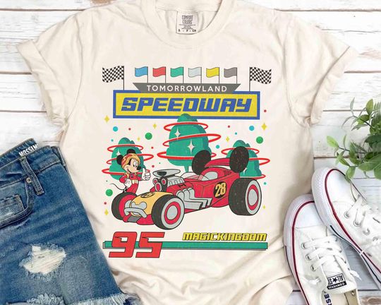 Vintage Tomorrowland Speedway Racing T-shirt, Disney Mickey Mouse and Car Tee, Disneyland Magic Kingdom Family Holiday Vacation 2025 Trip