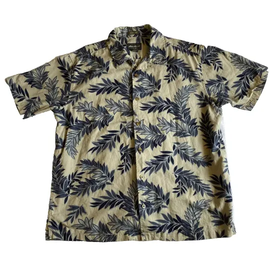 Eddie Bauer Weathered Linen Camp Shirt Men L Tropical Allover Print Father's Day