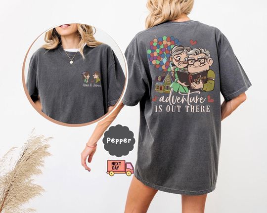 Personalized Couple Disney Pixar Up Carl And Ellie Adventure Is Out There Comfort Colors Shirt, His Ellie Her Carl Shirt, Disney Honeymoon