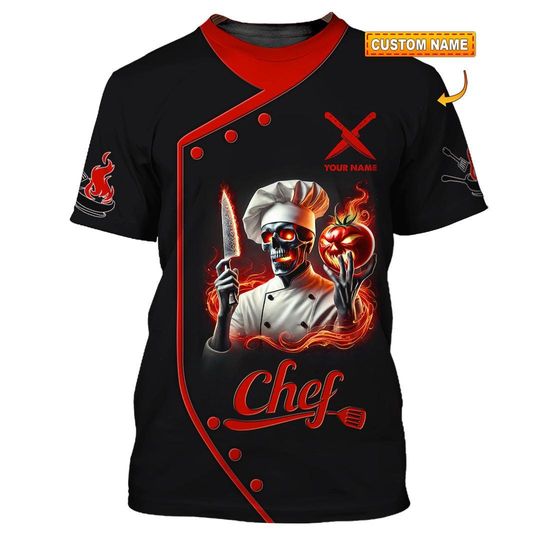 Custom Chef 3D T-Shirt with Fiery Skull  Personalized Culinary Shirt  Gift for Professional Chefs & Cooking Enthusiasts