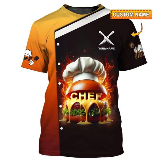 Custom Chef 3D T-Shirt with Fiery Burger Design | Personalized Cooking Apparel for Grill Masters | Unique Gift for Chefs & Foodies
