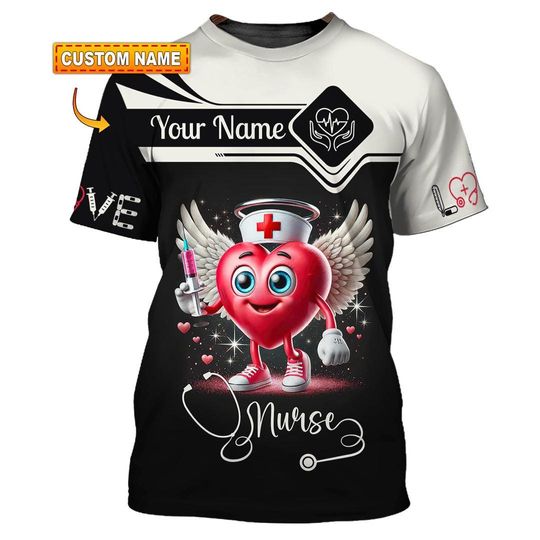 Custom Nurse 3D T-Shirt  Adorable Winged Heart Nurse Graphic Tee for Healthcare Heroes