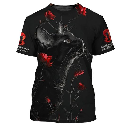 Black Cat 3D T-Shirt - Stylish Cat Lover Apparel Featuring Red Roses and "Hello Darkness" Theme - Unique Gift for Cat Enthusiasts
