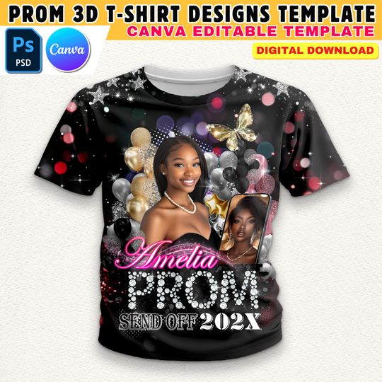 Prom 3D Shirt Design, Black & Silver T-Shirt Design Template, 32x27 Inch Editable T-Shirt Canva, PSD File Perfect For DTF And Sublimation