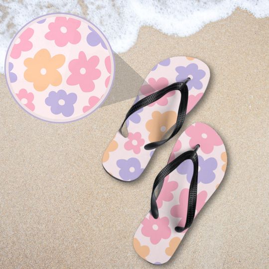 Retro Flower Power Flip Flops, Pastel Y2K Sandals, Cute Summer Beach Shoes