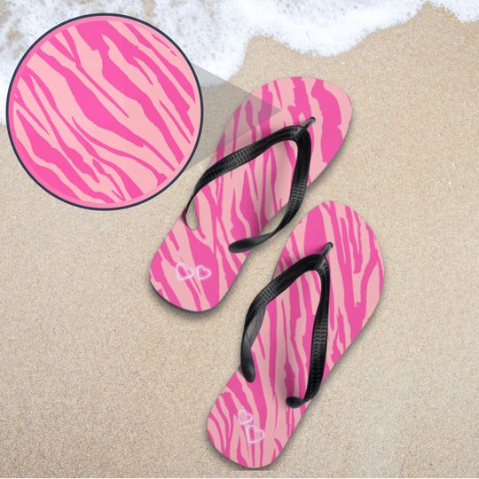 Pink Zebra Print Flip Flops - Heart Glow Sandals - Y2K Animal Print Summer Shoes