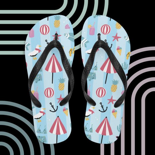 Beach Pattern Flip-Flops | Blue Stripe | Summer Sandals | Thong Sandals | Travel
