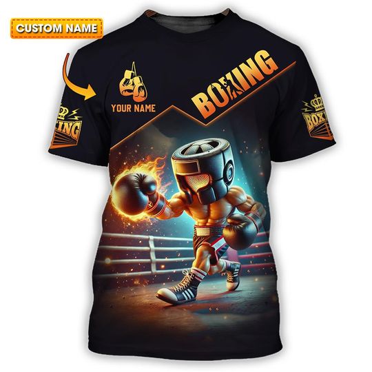 Custom Boxing 3D T-Shirt with Fiery Cartoon Design | Personalized Sportswear for Boxing Enthusiasts | Unique Athletic Apparel Gift