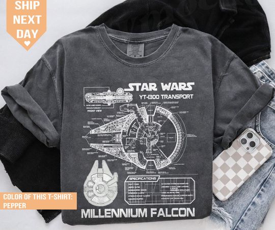 Retro Star Wars Millennium Falcon Grey Schematics Shirt, Star Wars Graphic Tee, Disney Star Wars Shirt, Star Wars Gift