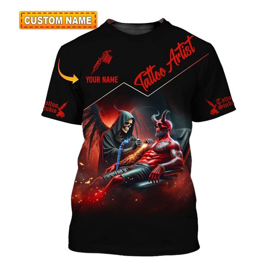 Custom Tattoo Artist 3D T-Shirt - Personalized Tattoo Studio Apparel with Unique Devil Design - Perfect Gift for Tattoo Enthusiasts