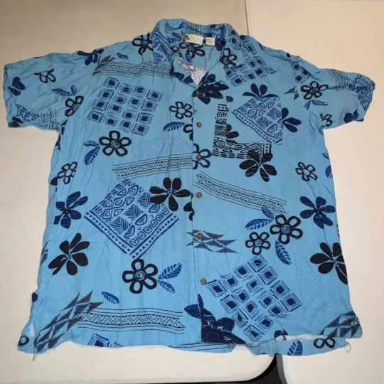 Vintage Island Shores XL Shirt Blue Rayon Floral Short Sleeve Button Up