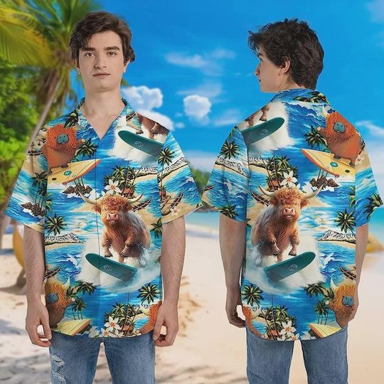 Highland Cow Surfing Tropical Pattern Hawaiian Shirts For Men Women, Vintage Highland Cow Aloha Beach Shirts, Unique Father Day Gifts