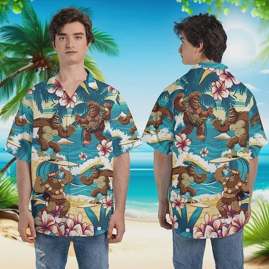 Bigfoot Surfing Summer Beach Hawaiian Shirts, Funny Bigfoot Aloha Shirt, Short Sleeve Hawaiian Shirts for Family, Unique Gift for Father Day