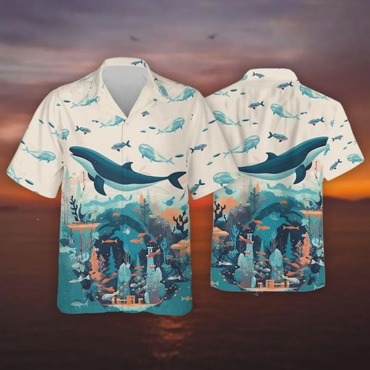 Whale And Underwater World Hawaiian Shirts, Ocean Whale Aloha Shirt, Coral Reef Hawaiian Shirt, Colorful Button Down Short Sleeve Hawaiian