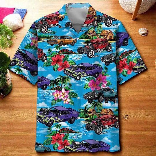 Hot Rod Beach Hawaiian Shirt, Lightning Doc Hudson Summer Hawaiian, Car Aloha Shirt, Car Pixar Hawaiian Button Downs Shirt, Halloween Summer