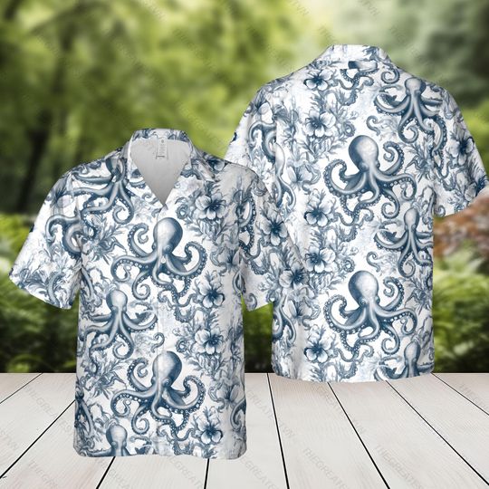 Octopus Tropical Hawaiian Shirt, Summer Vacation Beachwear, Lightweight Short-Sleeve Button-Up, Fun Ocean-Themed Shirt For Men,Octopus Lover