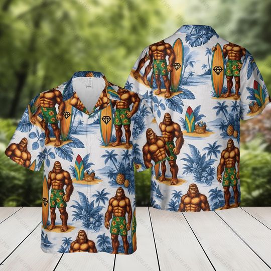 Bigfoot Tropical Beach Hawaiian Shirt, Bigfoot Surfing Summer Vacation Beachwear, Lightweight Short-Sleeve Button-Up, Bigfoot Lovers Gifts