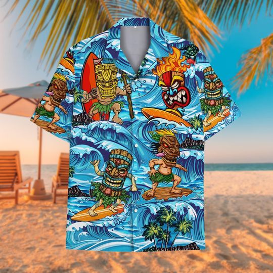 Tiki Surfing Hawaiian Shirt, Summer Tiki Aloha Shirt, Lightweight Short-Sleeve Button-Up, Tiki Themed Clothes, Tiki Festival , Tiki Gifts