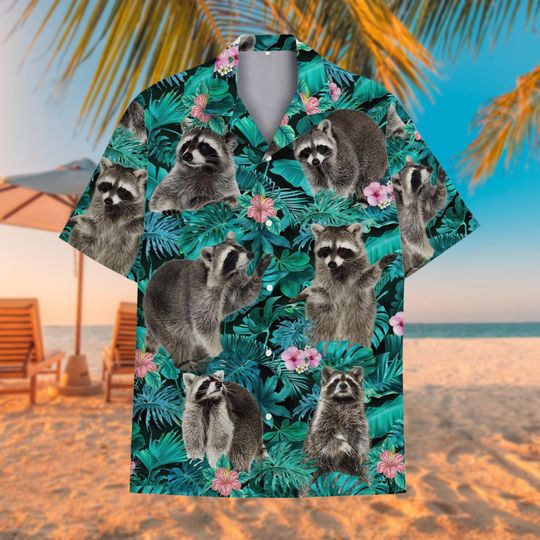 Tropical Raccoon Hawaiian Shirt, Funny Raccoon Aloha Shirt, Lightweight Short-Sleeve Button-Up, Animal Lovers Shirt, Raccoon Gifts