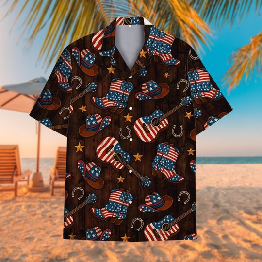 Patriotic Cowboy Hawaiian Shirt, Howdy Western Aloha Shirt, Lightweight Short-Sleeve Button-Up, Forth of July, Western Styles, Cowboy Boots