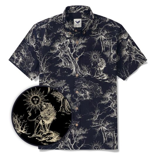Men's Hawaiian Shirt  Short Sleeve Button-down, 100% Cotton, Black Aloha Majestic Jungle