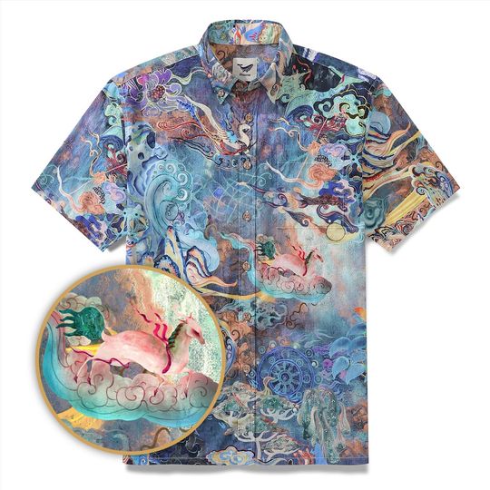 Men's Hawaiian Shirt Dreamland Art Button-down Short Sleeve 100% Cotton Camp Shirt