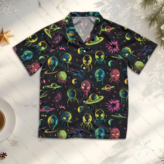 Colorful Alien Hawaii Shirt Men Women Youth, Alien Space Aloha Shirt, Summer Party Outfit, Galaxy Lovers Gifts, Ufo Alien Beach Shirt